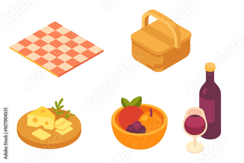 Isometric picnic icon set with summer food and drink. Vector elements for outdoor leisure. Checkered blanket, picnic basket, cheese platter, fruit bowl, red wine bottle, and glass.