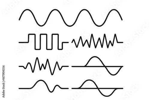 Set of various wave patterns. Sine, square, and sawtooth waveforms. Sound and audio signal representation. Analog and digital waves. Frequency, rhythm, pulse, and oscillation.