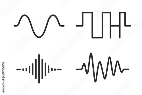 Sound wave icons set. Signal waveform, audio digital pulse, and music equalizer graph. Radio wave, voice vibration frequency line symbol. Minimalist vector illustration.