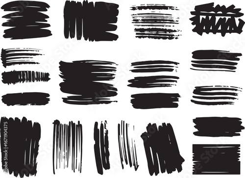 Brush set. Vector black paint brush spots, highlighter lines or felt-tip pen marker. Ink smudge abstract shape stains and smear set with texture 