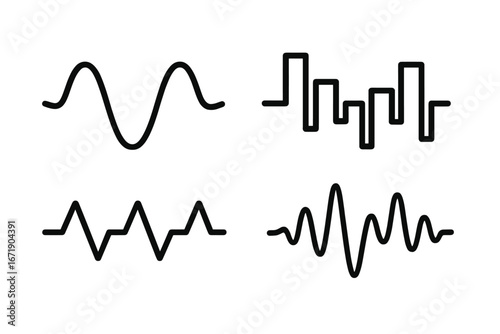 Sound wave icon set. Audio signal, music waveform, voice frequency collection. Digital & analog pulse, radio waves, sound equalizer line art. Vector illustration.