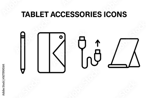 Tablet accessories outline icon set. Includes stylus pen, protective case, charging cable, and tablet stand. Vector symbols for mobile devices and digital gadgets.