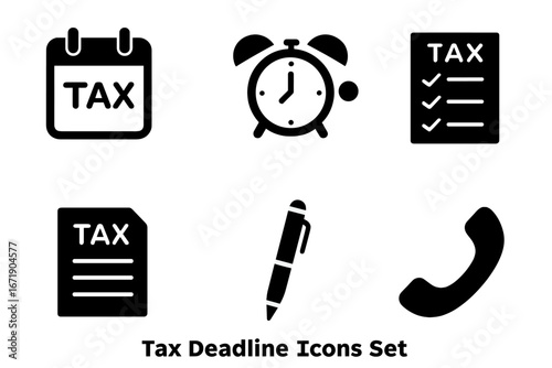 Tax deadline solid glyph icon set. Tax time, financial reminder, payment due date concept. Vector icons of calendar, clock, checklist, tax form, document, pen, and phone.
