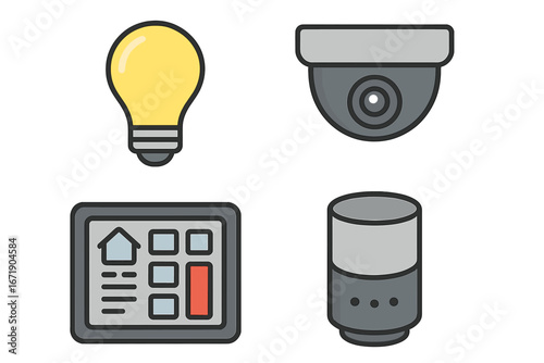 Modern smart home technology icons featuring light bulb, security camera, control panel, and smart speaker in grid layout for contemporary living solutions vector illustration