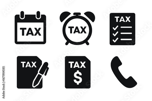 Tax deadline vector icon set. Solid glyph icons for finance, accounting, and business. Includes calendar, clock, checklist, document, payment, and phone for tax day reminders.