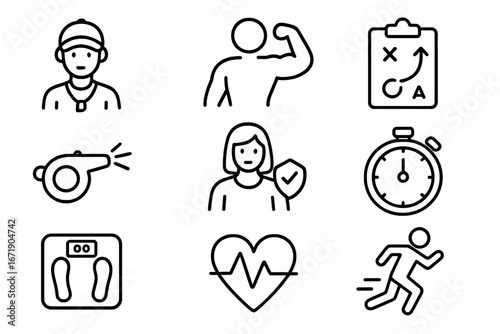 Sports coaching line icon set, fitness exercise health strategy symbols, vector cartoon illustration collection with transparent background, training motivation and wellness icons