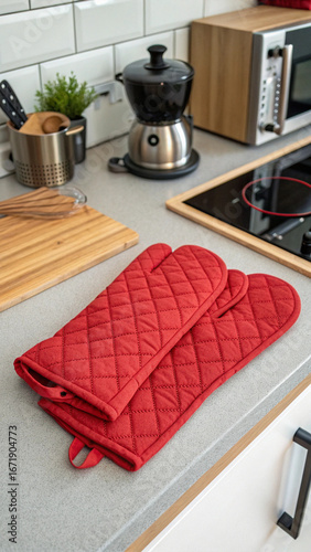 Red quilted oven mitts on modern kitchen countertop; minimalist, clean, and bright.