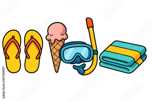 Summer Beach Essentials Vector Illustration with Flip Flops, Ice Cream, Snorkel Gear, and Towels for Relaxation and Fun, Cartoon Style, Transparent Background