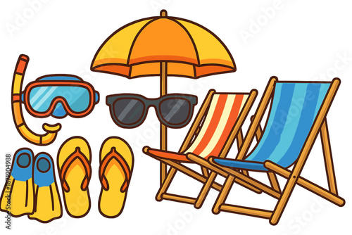 Colorful summer beach essentials with sunglasses, snorkel gear, flip flops, sun umbrella, and striped beach chairs arranged for a fun sunny day vector cartoon illustration