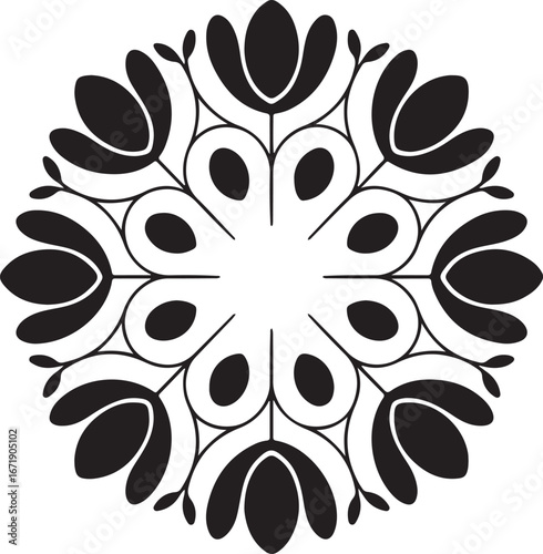 Ornate Black and White Mandala Design A symmetrical, intricate mandala design in black and white.