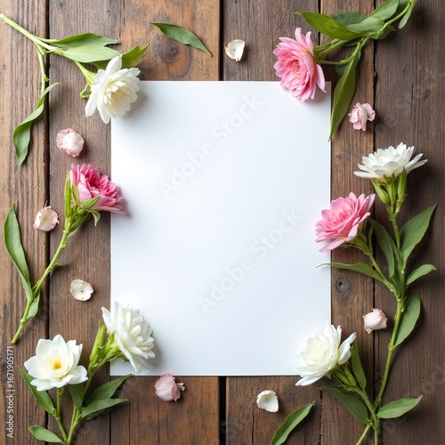 Blank paper surrounded by pink and white flowers on a rustic wooden surface creating a frame design