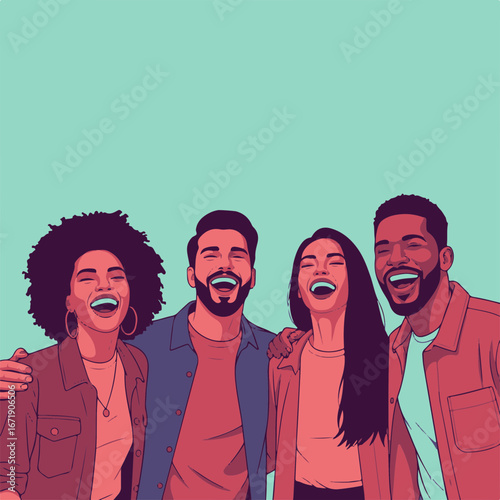 Diverse group of people enjoying themselves, sharing joy, and laughing together in a casual setting. Diverse group embracing friendship and unity, feeling the happiness of being together.