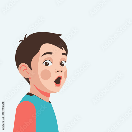 Shocked expression of boy with open mouth and wide eyes, a vivid portrayal of surprise. Shocked expression, capturing a child's astonishment and awe, reflects childlike wonder.