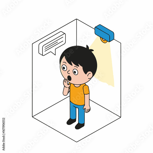 Boy is surprised to be under the air conditioner, expressing disbelief at cold air in isometric perspective. Boy is surprised by suddenly feeling a blast of cold air, and his reaction is funny.