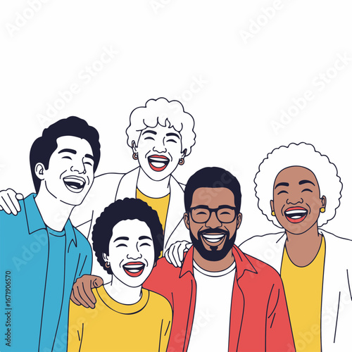 Joyful group of people laughing, diverse people with bright smiles and happy faces, laughing together in a moment of lightheartedness. These diverse people represent camaraderie and happiness.