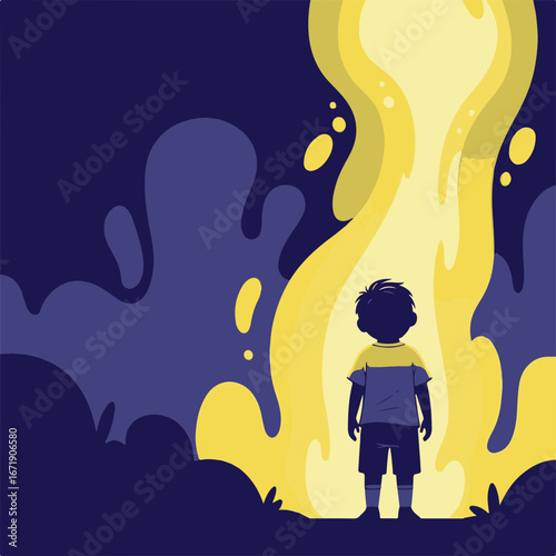 Little boy dreams, looking up at a bright light in flat style illustration. Childlike dreams visualized in illustration, concept bright light is a warm embrace and positive guiding force,