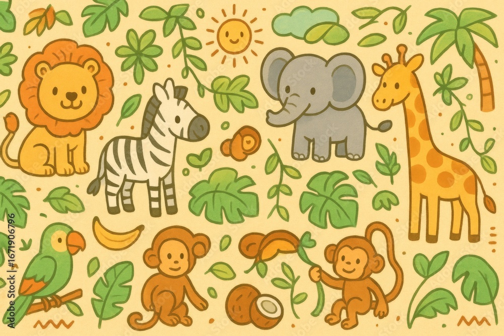 Obraz premium Seamless jungle safari cartoon pattern with lions, zebras, monkeys, and tropical leaves in bright playful tones for kids’ decor. Generative AI