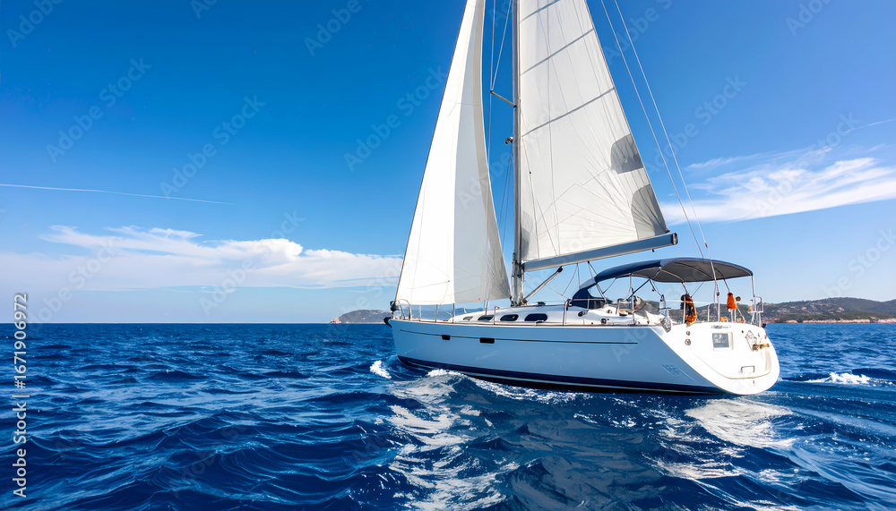 Obraz premium White sailboat and luxury yacht sailing across deep blue sea on sunny summer day. relaxing vacation travel experience on calm ocean water offering sense of freedom