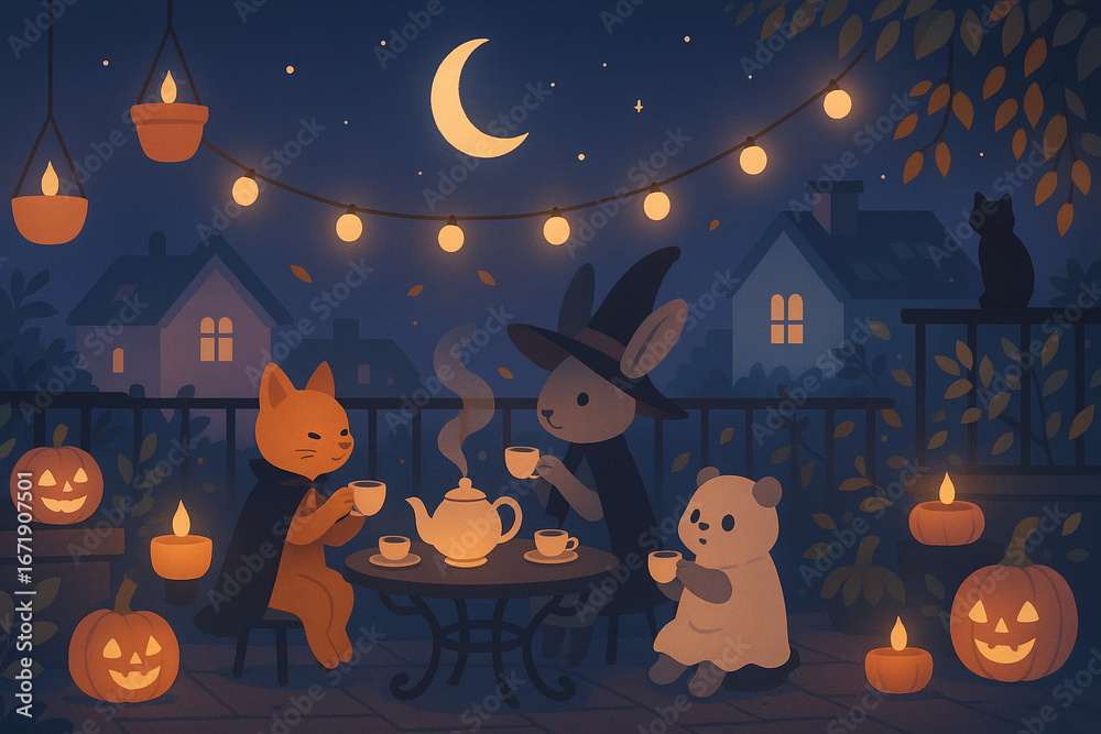 Fototapeta premium Whimsical Illustration of Halloween Animal Tea Party on Balcony at Night