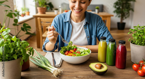 Healthy Lifestyle with Fresh Vegetarian Salad, Detox Juice, and Organic Nutrition in Eco-Friendly Kitchen