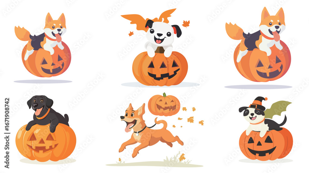 Obraz premium A Dog Riding a Flying Pumpkin Vector Graphic – Halloween Fantasy Illustration