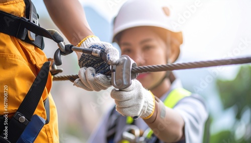 industrial safety equipment is a strong steel metal hook designed to attach to a harness, creating a secure connection point for fall protection.