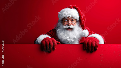 A santa claus peeking over a red sign with a surprised look on his face