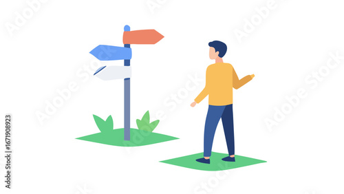 Flat illustration of man standing at crossroads with multiple signposts symbolizing career choices and life directions icon
