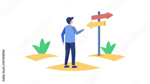 Flat illustration of man standing at crossroads with multiple signposts symbolizing career choices and life directions icon
