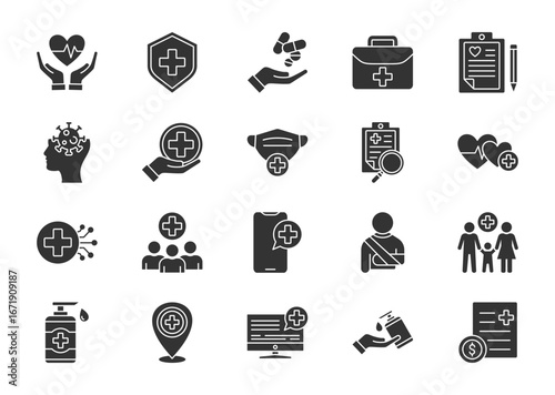 Healthcare thin glyph icon set. Containing diagnosis, health, prevention, treatment, medical
