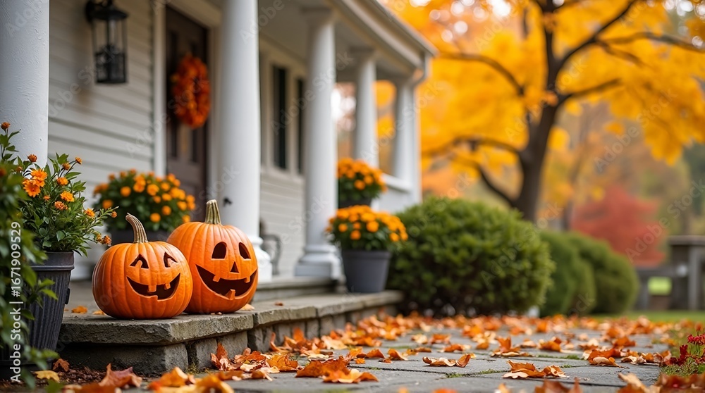 Obraz premium Pumpkins and fall leaves decorate a house for autumn with a wreath on the front door of the home