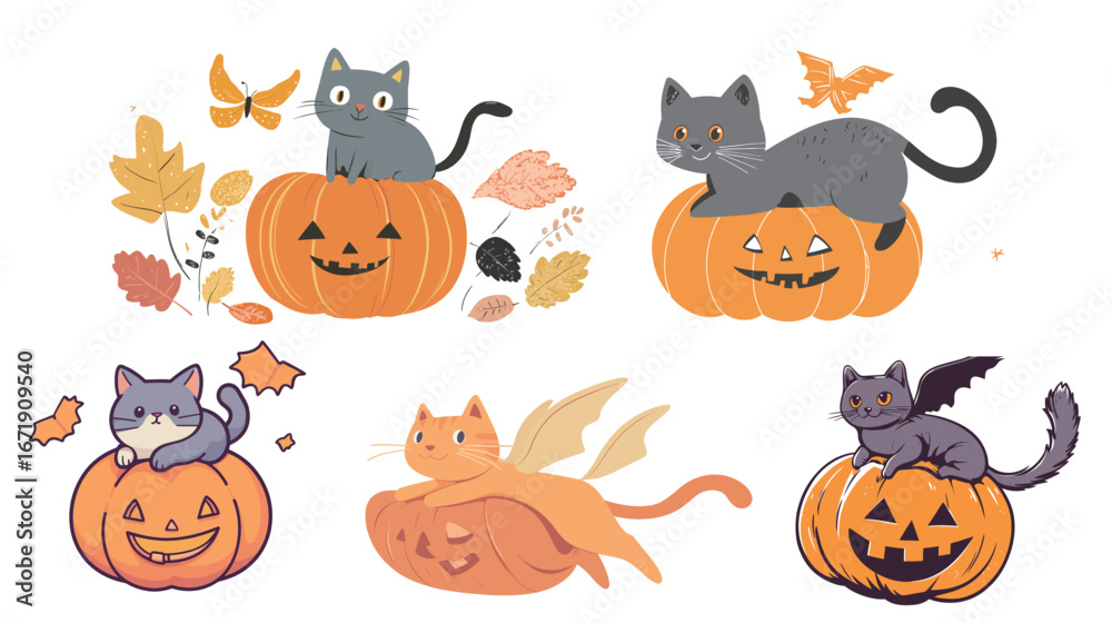Obraz premium A Cat Riding a Flying Pumpkin Vector Graphic