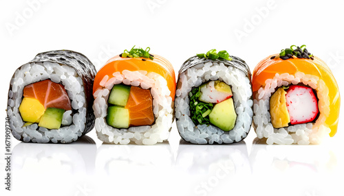 Delicious assortment of fresh japanese sushi maki roll food. lineup of raw salmon, crab, and avocado seafood on white background creating an appetizing meal