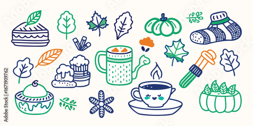 ute Autumn Doodle Pack — Cozy Fall Stickers with Hygge Elements, Pumpkin, Pie & Hot Chocolate