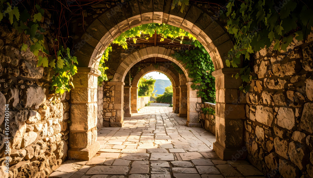 Fototapeta premium Peaceful ancient stone arch tunnel forms historic path toward light. Old architecture covered in green vine creates serene and beautiful passage forward
