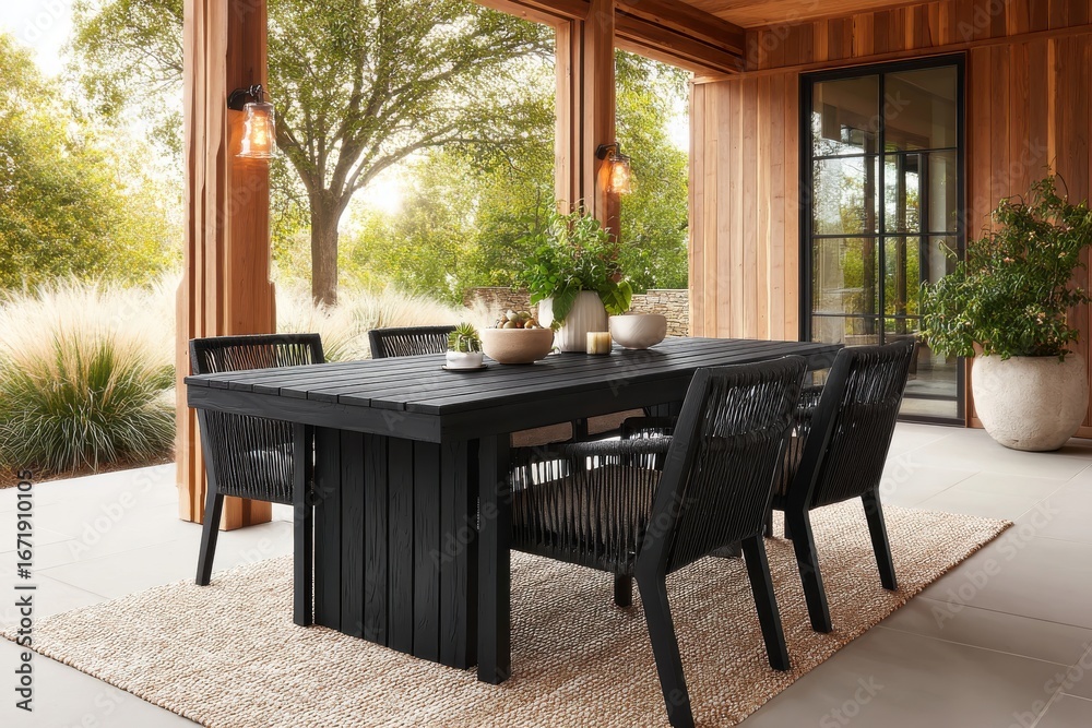 Fototapeta premium A modern outdoor dining set, featuring a large black table and matching chairs, sits on a light beige rug under a covered patio.