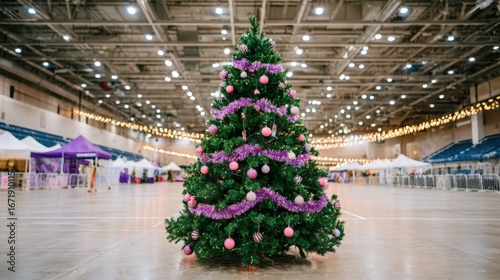 Christmas Tree with Pink Ornaments & Garland in Convention Center Hall, eye-level view, festive, bright, holiday, cheerful, indoor, clean, modern