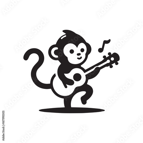 2d logo of cute monkey playing guitar