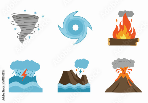 Collection of Natural Disaster and Weather Event Icons: Tornado, Hurricane, Wildfire, Flood, Volcanic Eruption, and Storm in a Flat Design Style.