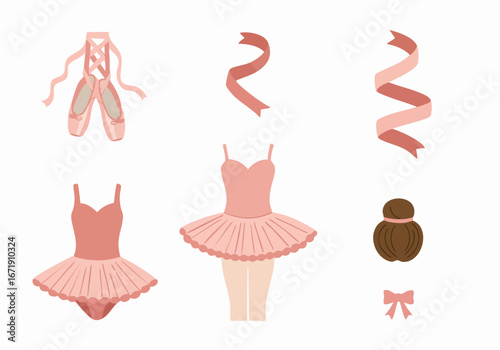 Set of pink ballet elements including pointe shoes, tutus, hair bun, and ribbons on white background for dance concepts.