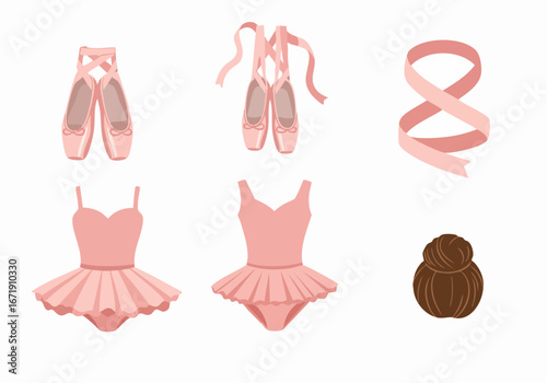 Pink ballet essentials: pointe shoes, tutus, ribbon, and hair bun. Flat vector illustration set for dance and performance.