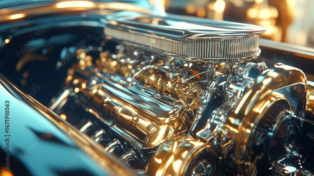 Fototapeta premium Close-Up of Classic Car Engine With Sparkling Chrome and Brass Details – Vintage Automotive Mechanical Detail