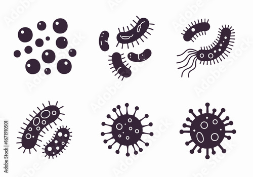 Diverse set of stylized microorganism icons including bacteria, viruses, and germs, representing health, disease, microbiology, and scientific concepts.