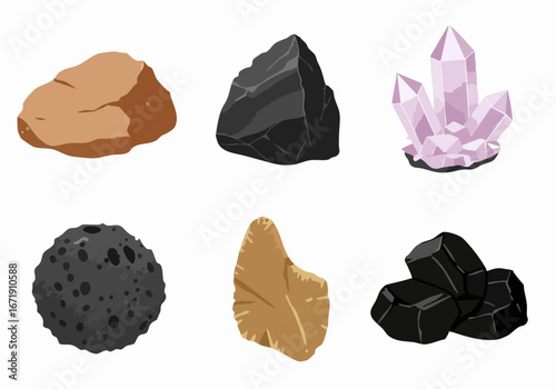 Vector illustration of assorted geological rocks and minerals, featuring crystal, coal, volcanic stone, and earth elements on a white background.