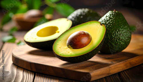 Fresh ripe green avocado half with seed on wooden cutting board. Healthy food for natural diet, evoking feeling of wholesomeness and simple, organic vitality