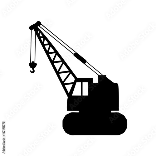 A black and white silhouette of a construction crane lifting heavy objects