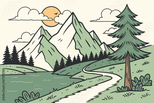 Stylized Mountain Landscape — Vector Illustration with Trees, Path, Lake, Clouds & Sun (EPS, SVG, AI)