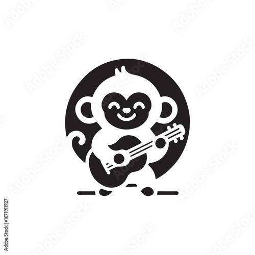 2d logo of cute monkey playing guitar