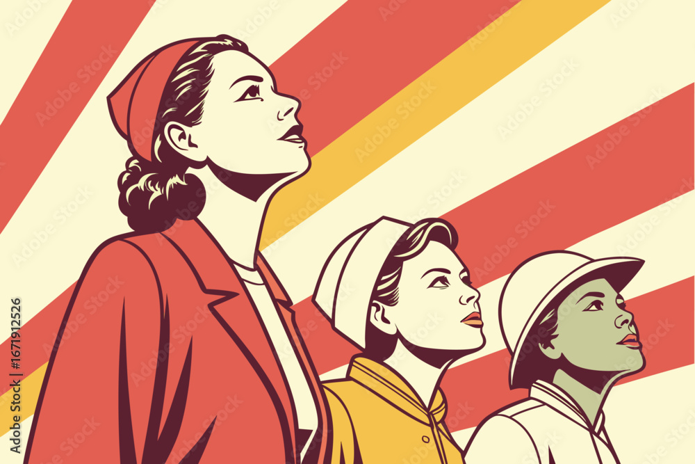 Obraz premium Retro Pop-Art Women — Empowering Vector Illustration in Bold Red, Yellow, Cream Palette for Poster & Apparel