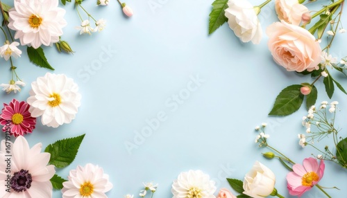 Floral arrangement displaying various blooms on light blue background art composition nature aesthetic top-down view serenity